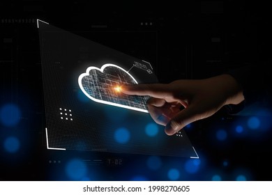 Businessman Touches Cloud Computing Concept. Futuristic Technology Digital Data Analysis. Big Data Network Connection Abstract Background