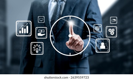 Businessman touches the icon of the clock on the productivity scheme. Technology innovation on the virtual screen. Concept of plan and time management
