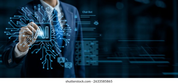 Businessman touching AI icon with digital circuit brain lines and chatbot interface, representing artificial intelligence, automation, and smart technology in business innovation and future solutions.