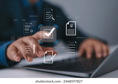 Businessman touching approved document icon on digital documents for approve business project proposals. Quality assurance and online evaluation of business concept.