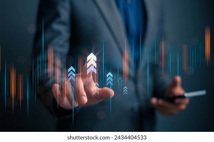 Businessman touching  arrow up growth graph circuit technology investment to success. financial data graph strategy. market chart profit money. Positive result on development hi tech business.  