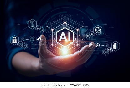 Businessman touching the brain working of Artificial Intelligence (AI) Automation, Predictive analytics, Customer service AI-powered chatbot, analyze customer data, business and technology - Shutterstock ID 2242235005