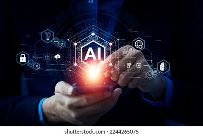 Businessman touching the brain working of Artificial Intelligence (AI) 
Automation, Predictive analytics, Customer service AI-powered chatbot, analyze customer data, business and technology