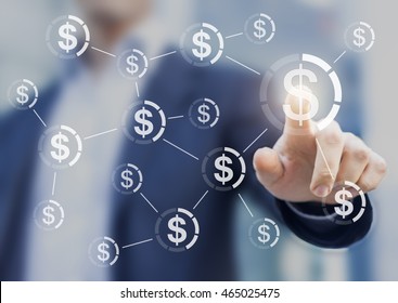 Businessman touching button with dollar currency symbols connected in network, concept about global finance