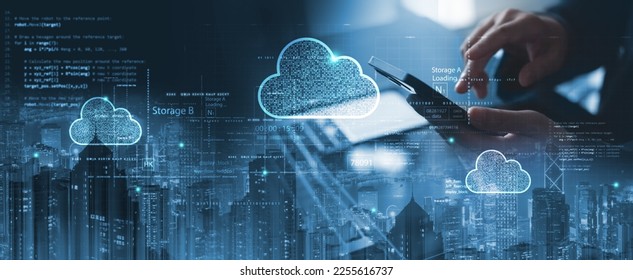 Businessman touching cloud computing network. Cloud technology, edge computing technology and data storage for business network, data backup of business intelligence on internet, data storage network.