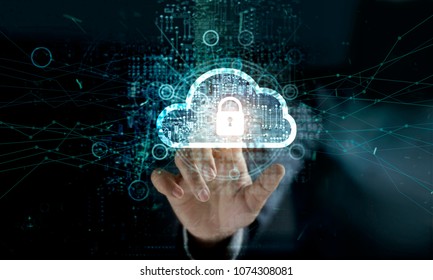 Businessman Touching Cloud With Padlock Icon On Network Connection, Digital Background. Cloud Computing And Network Security Concept