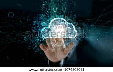 businessman touching Cloud with Padlock icon on network connection, digital background. Cloud computing and network security concept
