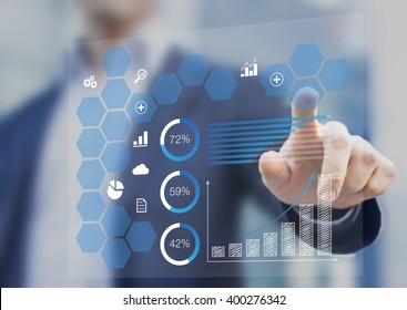 Businessman Touching A Dashboard With Key Performance Indicator Displayed With Charts On A Virtual Screen