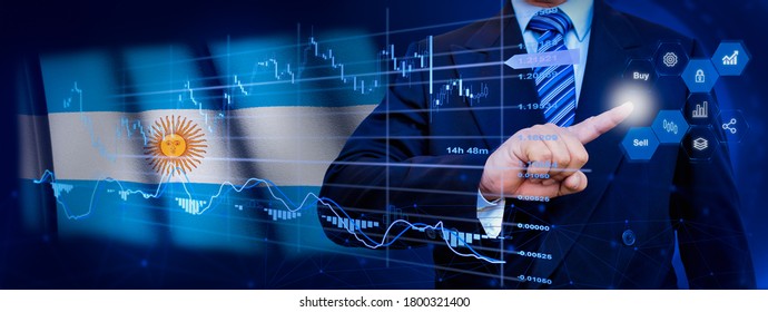 Businessman touching data analytics process system with KPI financial charts, dashboard of stock and marketing on virtual interface. With Argentina flag in background. - Powered by Shutterstock