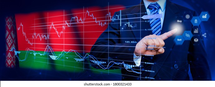 Businessman touching data analytics process system with KPI financial charts, dashboard of stock and marketing on virtual interface. With Belarus flag in background.