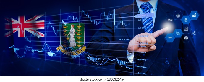 Businessman touching data analytics process system with KPI financial charts, dashboard of stock and marketing on virtual interface. With British Virgin Islands flag in background.