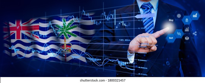 Businessman touching data analytics process system with KPI financial charts, dashboard of stock and marketing on virtual interface. With British Indian Ocean flag in background.