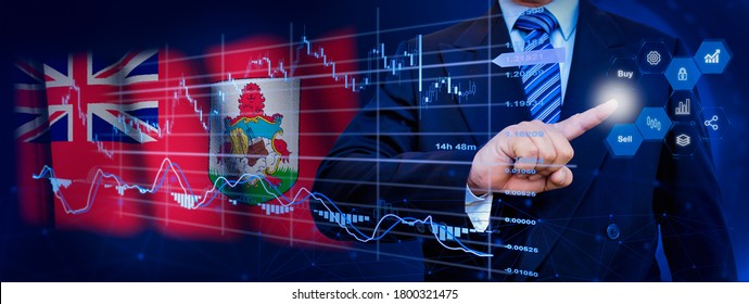 Businessman touching data analytics process system with KPI financial charts, dashboard of stock and marketing on virtual interface. With Bermuda flag in background.