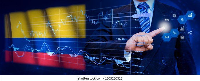 Businessman touching data analytics process system with KPI financial charts, dashboard of stock and marketing on virtual interface. With Colombia flag in background. - Powered by Shutterstock