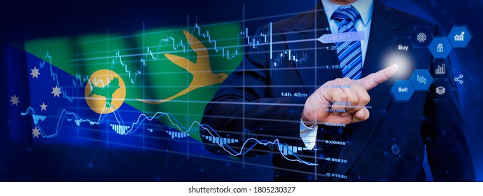 Businessman touching data analytics process system with KPI financial charts, dashboard of stock and marketing on virtual interface. With Christmas Island flag in background.