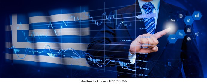 Businessman touching data analytics process system with KPI financial charts, dashboard of stock and marketing on virtual interface. With Greece flag in background. - Powered by Shutterstock