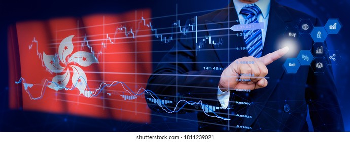 Businessman touching data analytics process system with KPI financial charts, dashboard of stock and marketing on virtual interface. With Hong Kong flag in background.