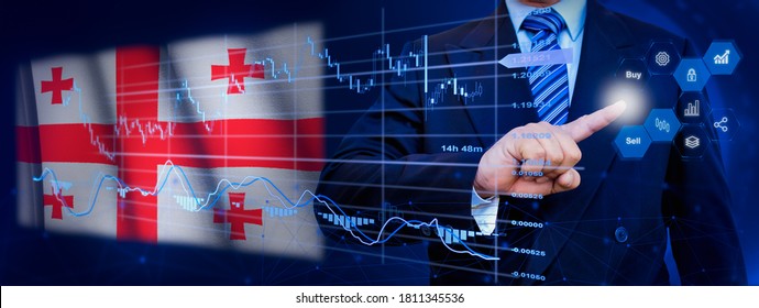 Businessman touching data analytics process system with KPI financial charts, dashboard of stock and marketing on virtual interface. With Georgia flag in background. - Powered by Shutterstock