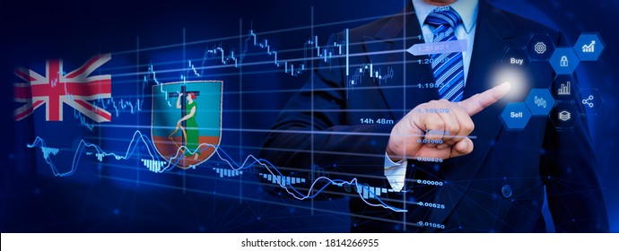 Businessman touching data analytics process system with KPI financial charts, dashboard of stock and marketing on virtual interface. With Montserrat flag in background.