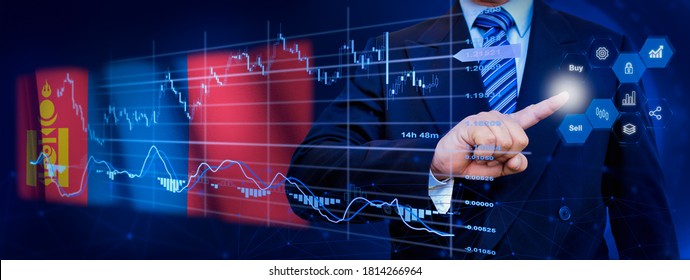 Businessman touching data analytics process system with KPI financial charts, dashboard of stock and marketing on virtual interface. With Mongolia flag in background.
