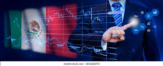 Businessman touching data analytics process system with KPI financial charts, dashboard of stock and marketing on virtual interface. With Mexico flag in background. - Powered by Shutterstock