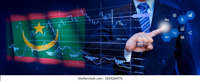 Businessman touching data analytics process system with KPI financial charts, dashboard of stock and marketing on virtual interface. With Mauritania flag in background.