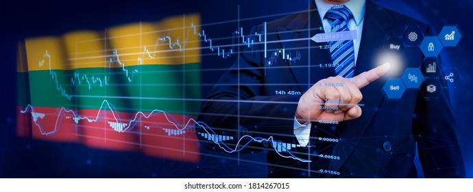 Businessman touching data analytics process system with KPI financial charts, dashboard of stock and marketing on virtual interface. With Lithuania flag in background.