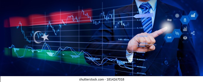 Businessman touching data analytics process system with KPI financial charts, dashboard of stock and marketing on virtual interface. With Libya flag in background.