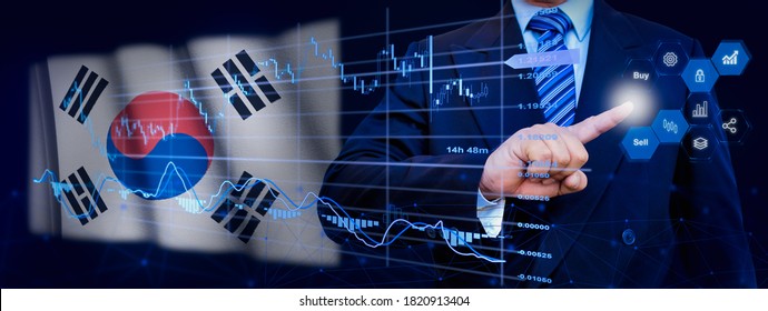 Businessman touching data analytics process system with KPI financial charts, dashboard of stock and marketing on virtual interface. With South Korea flag in background.