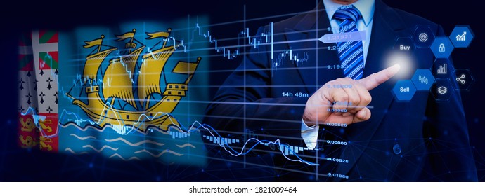 Businessman touching data analytics process system with KPI financial charts, dashboard of stock and marketing on virtual interface. With Saint Pierre and Miquelon flag in background.