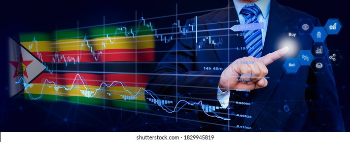 Businessman touching data analytics process system with KPI financial charts, dashboard of stock and marketing on virtual interface. With Zimbabwe flag in background.