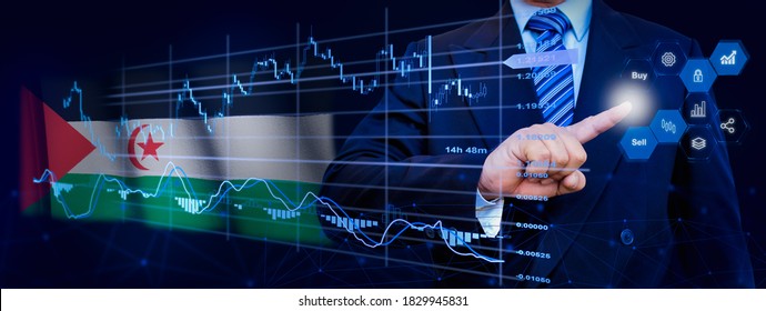 Businessman touching data analytics process system with KPI financial charts, dashboard of stock and marketing on virtual interface. With Western Sahara flag in background.