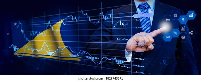 Businessman touching data analytics process system with KPI financial charts, dashboard of stock and marketing on virtual interface. With Tokelau flag in background.