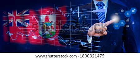 Businessman touching data analytics process system with KPI financial charts, dashboard of stock and marketing on virtual interface. With Bermuda flag in background.