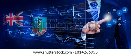Businessman touching data analytics process system with KPI financial charts, dashboard of stock and marketing on virtual interface. With Montserrat flag in background.