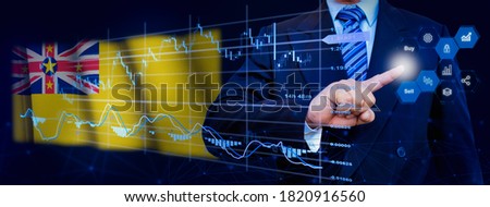 Businessman touching data analytics process system with KPI financial charts, dashboard of stock and marketing on virtual interface. With Niue flag in background.
