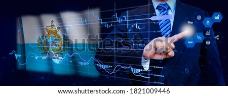 Businessman touching data analytics process system with KPI financial charts, dashboard of stock and marketing on virtual interface. With San Marino flag in background.
