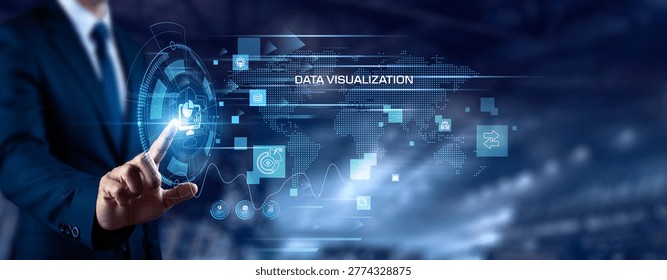 Businessman touching Data Visualization and networking. Analytics dashboard, information design, data presentation, business insight, reporting tools, digital analytics concept.