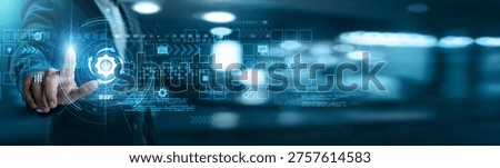 Businessman touching DevOps networking and continuous integration, automated deployment, infrastructure monitoring, configuration management, cloud orchestration