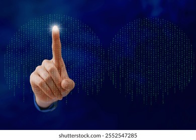 A businessman is touching a digital binary code.