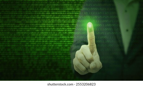 A businessman is touching a digital binary code.