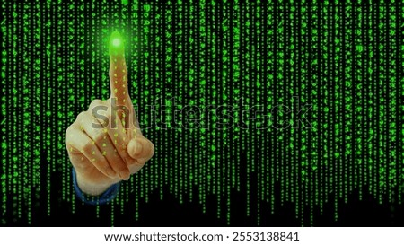 A businessman is touching a digital binary code.