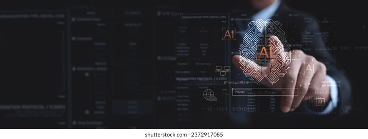 Businessman touching digital brain circuit of AI Artificial Intelligence  with data engineering and processing, Customer service AI chatbot,  AI prompt assignment technology, business intelligence