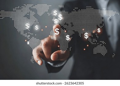 Businessman Touching Digital Dollar Icons on Global Map Interface  Financial Technology Concept.