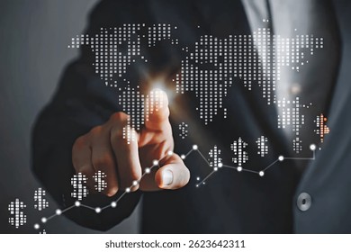 Businessman Touching Digital Dollar Icons on Global Map Interface  Financial Technology Concept.