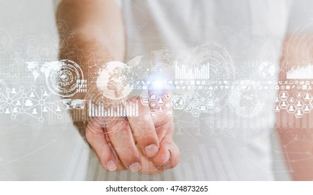 Businessman touching digital graph interface with his finger 3D rendering