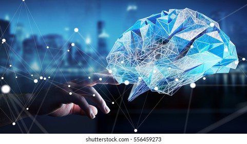 Businessman Touching Digital Human Brain With Cell And Neurons Activity 3D Rendering