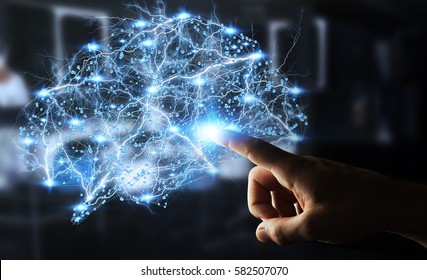 Businessman touching digital human brain with cell and neurons activity 3D rendering
