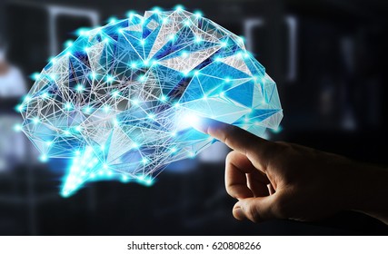 Businessman Touching Digital Human Brain With Cell And Neurons Activity 3D Rendering