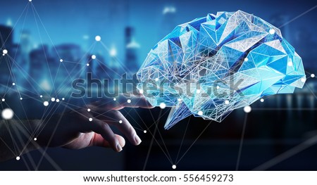 Businessman touching digital human brain with cell and neurons activity 3D rendering